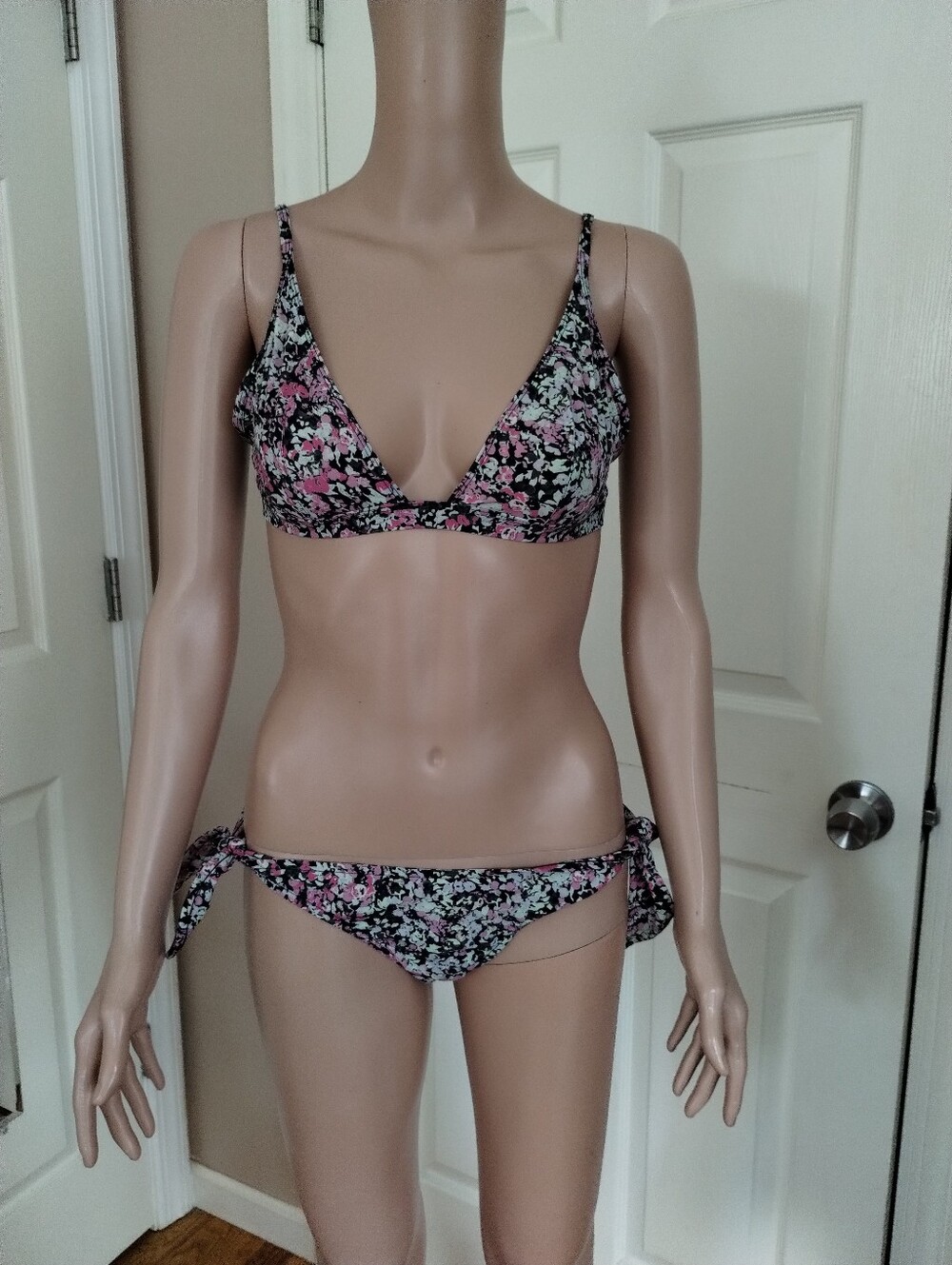 Isabel Marant Pink and Black Floral Tie-Side Bikini